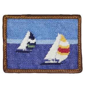 Smathers & Branson Card Wallet Sailboat Blue 4”x3” Needlepoint Leather Slim VGUC